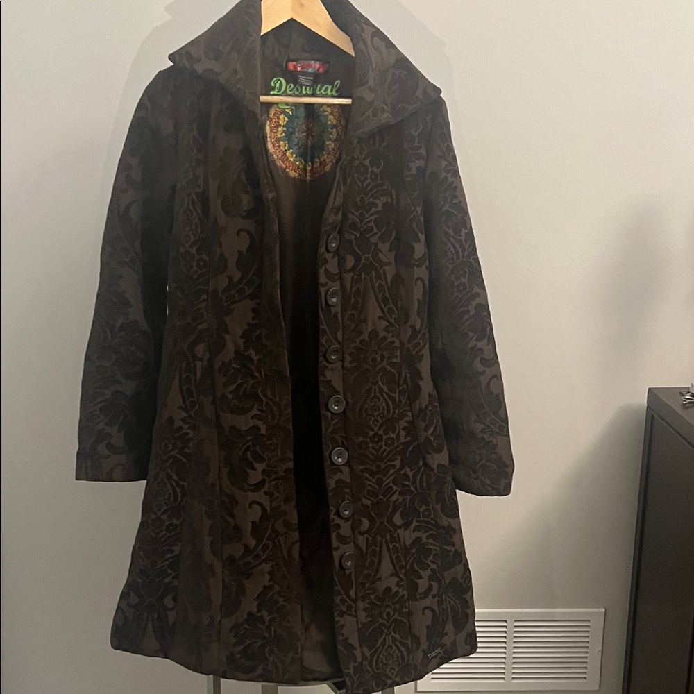 Desigual Dark Brown Velvet-Pattern Trench Coat